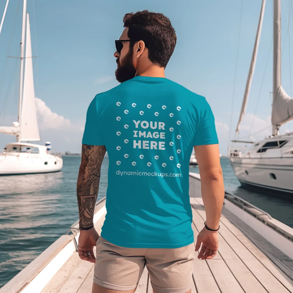 Man Wearing Teal T-shirt Mockup Front View Template