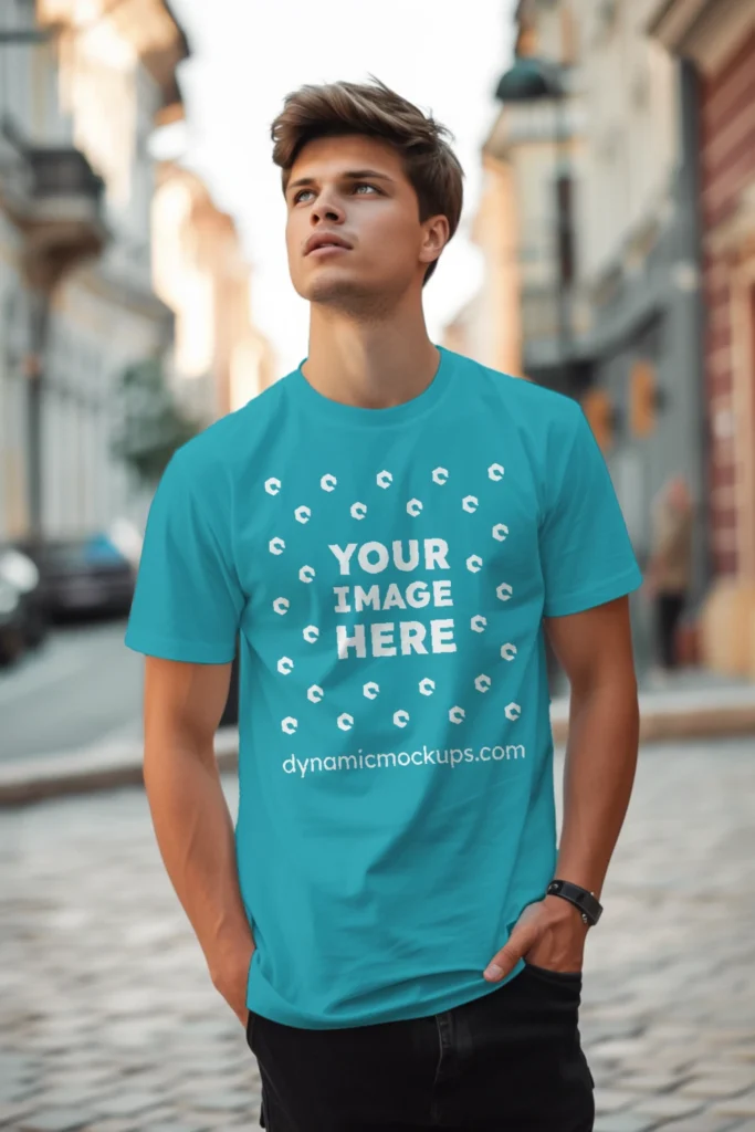 Man Wearing Teal T-shirt Mockup Front View Template