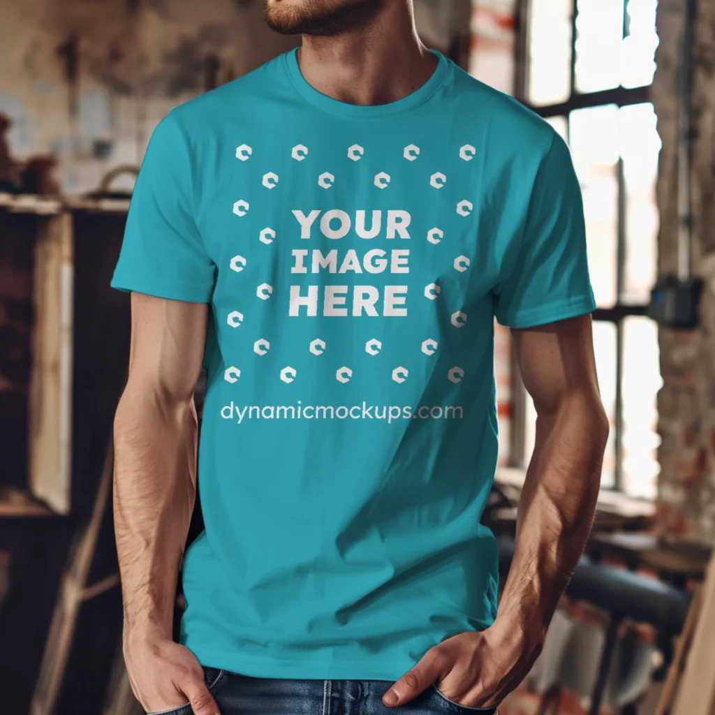 Man Wearing Teal T-shirt Mockup Front View Template