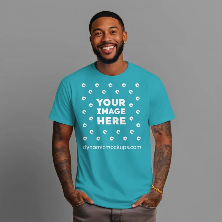 Man Wearing Teal T-shirt Mockup Front View Template