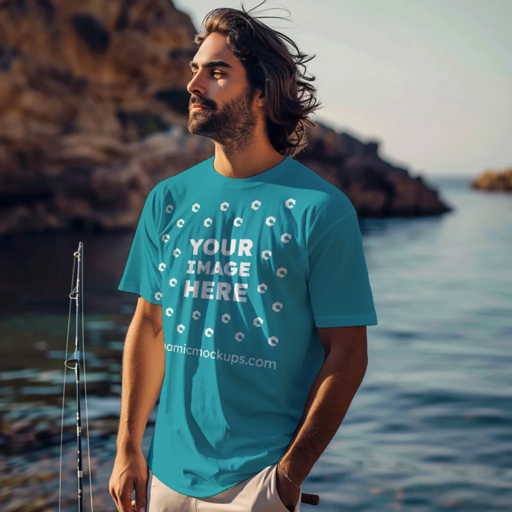 Man Wearing Teal T-shirt Mockup Front View Template