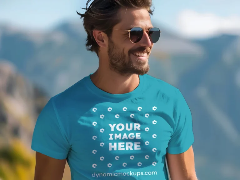 Man Wearing Teal T-shirt Mockup Front View Template