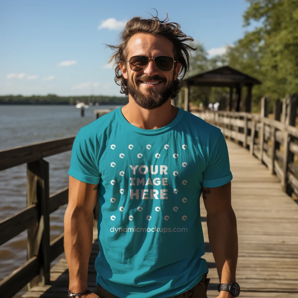 Man Wearing Teal T-shirt Mockup Front View Template