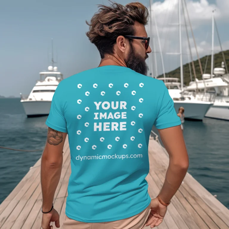 Man Wearing Teal T-shirt Mockup Back View Template