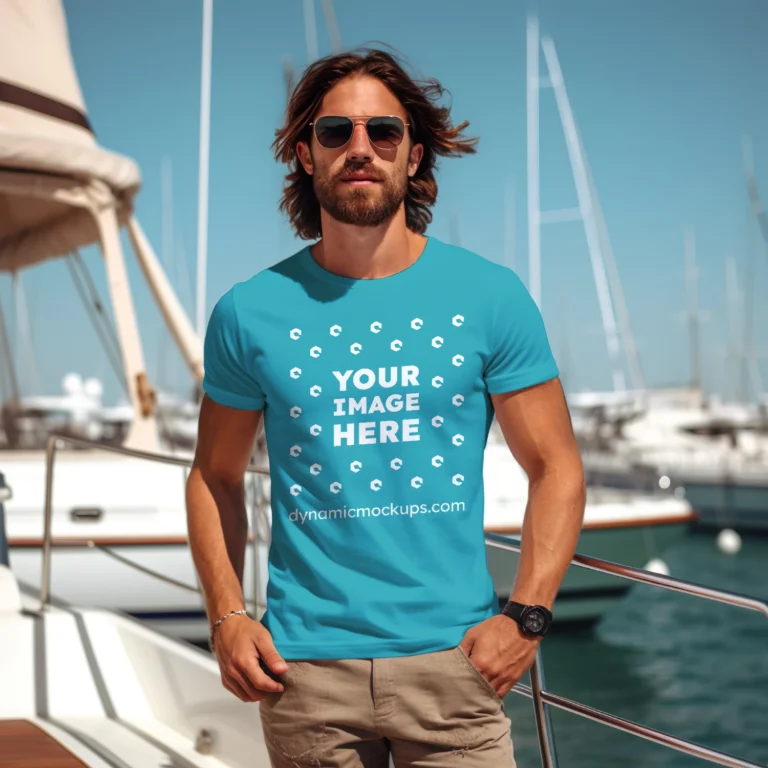 Man Wearing Teal T-shirt Mockup Front View Template