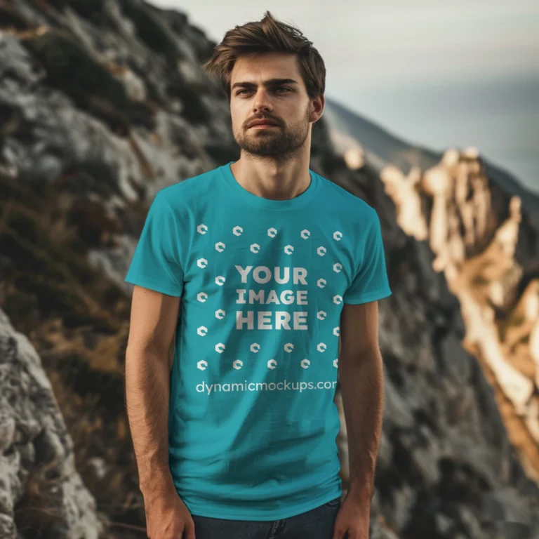 Man Wearing Teal T-shirt Mockup Front View Template