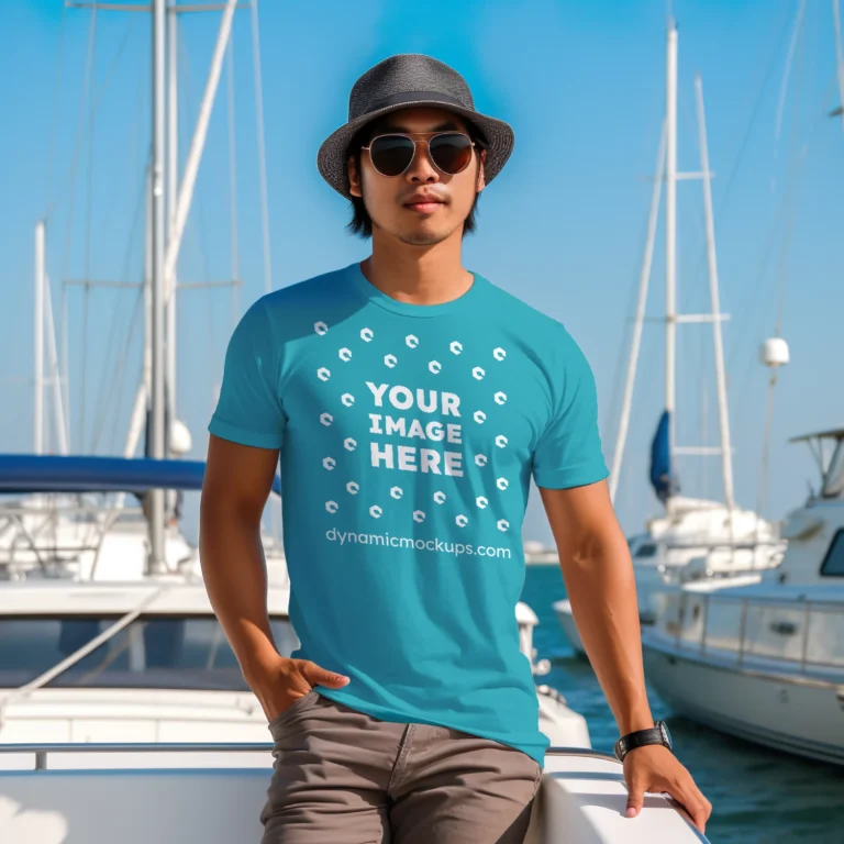 Man Wearing Teal T-shirt Mockup Front View Template