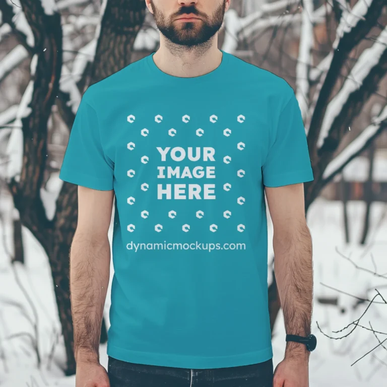 Man Wearing Teal T-shirt Mockup Front View Template