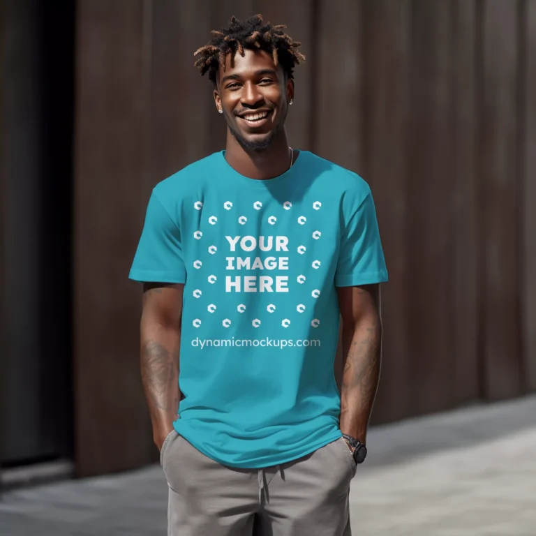 Man Wearing Teal T-shirt Mockup Front View Template