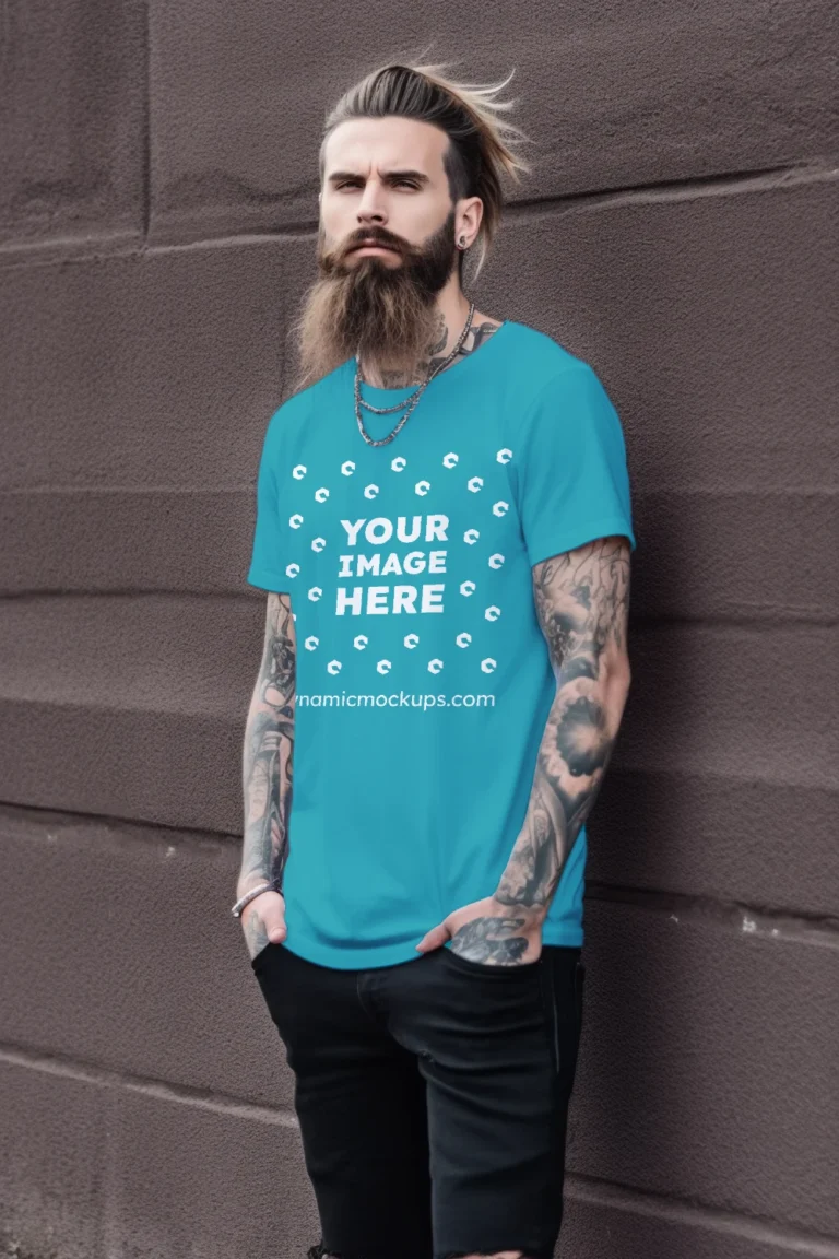 Man Wearing Teal T-shirt Mockup Front View Template