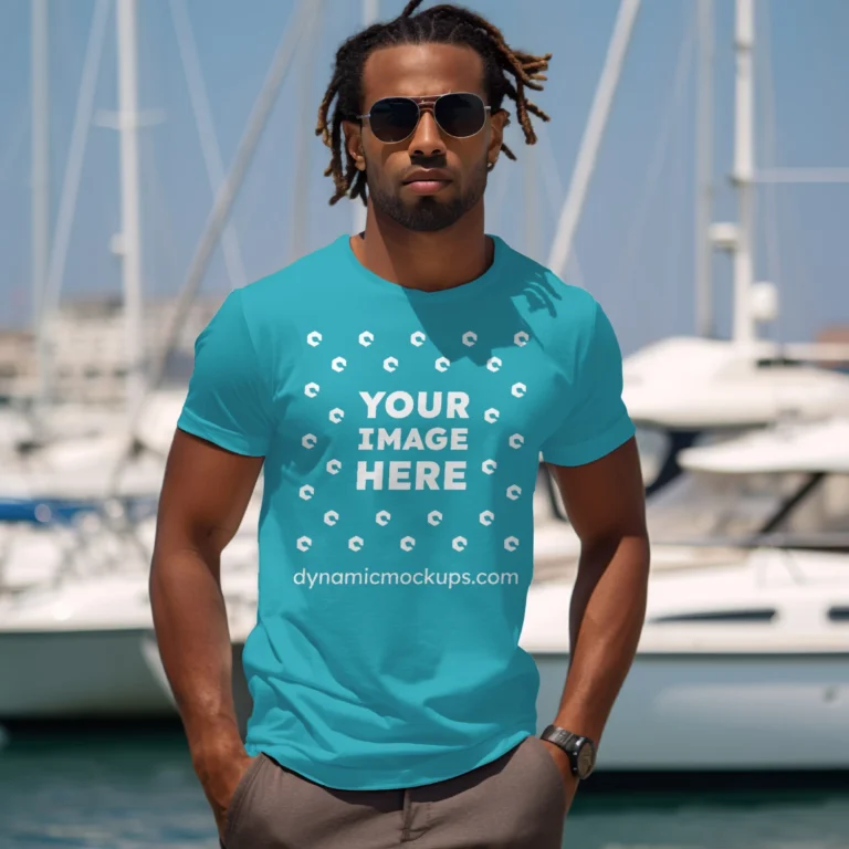 Man Wearing Teal T-shirt Mockup Front View Template