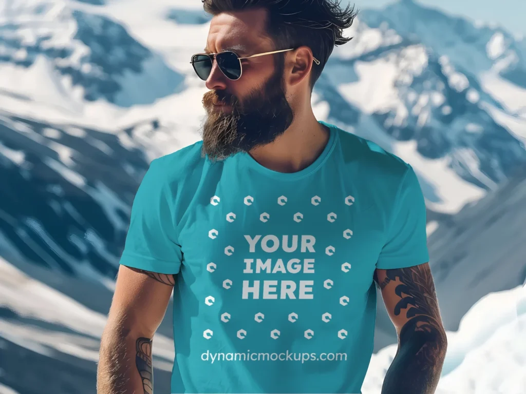 Man Wearing Teal T-shirt Mockup Front View Template