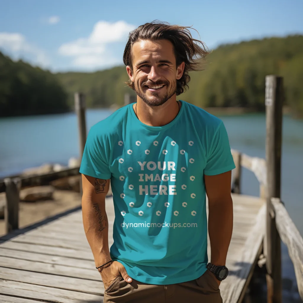 Man Wearing Teal T-shirt Mockup Front View Template