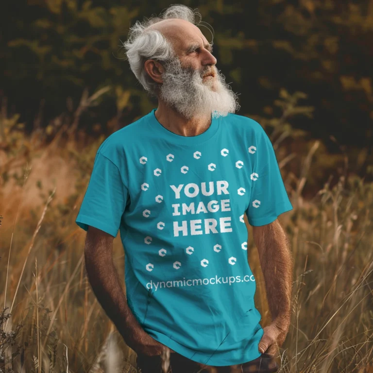 Man Wearing Teal T-shirt Mockup Front View Template