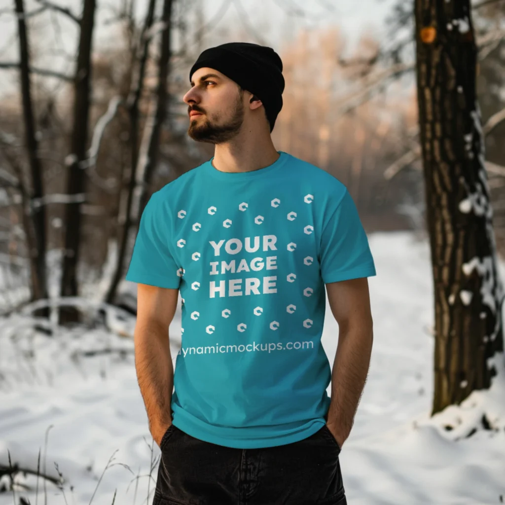 Man Wearing Teal T-shirt Mockup Front View Template