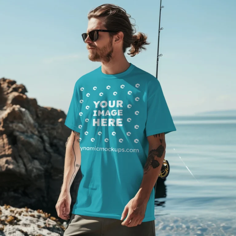 Man Wearing Teal T-shirt Mockup Front View Template