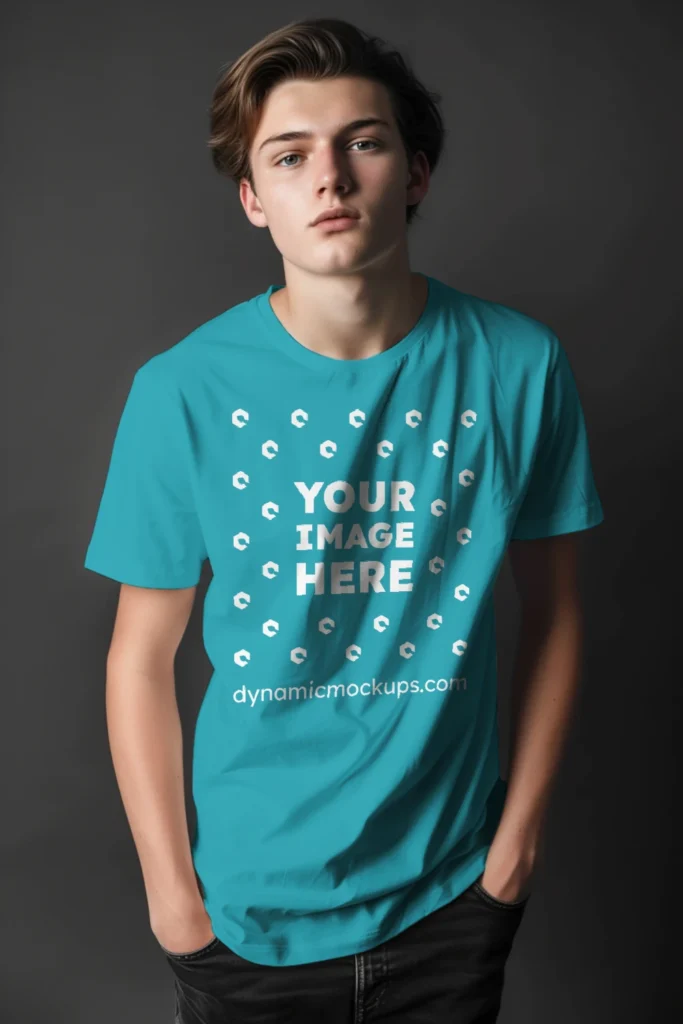 Man Wearing Teal T-shirt Mockup Front View Template