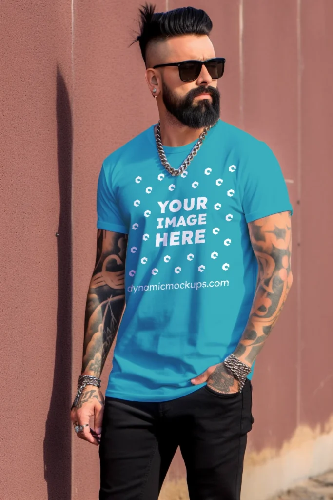 Man Wearing Teal T-shirt Mockup Front View Template