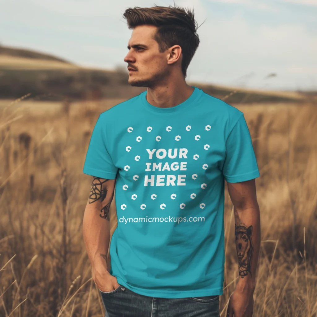 Man Wearing Teal T-shirt Mockup Front View Template