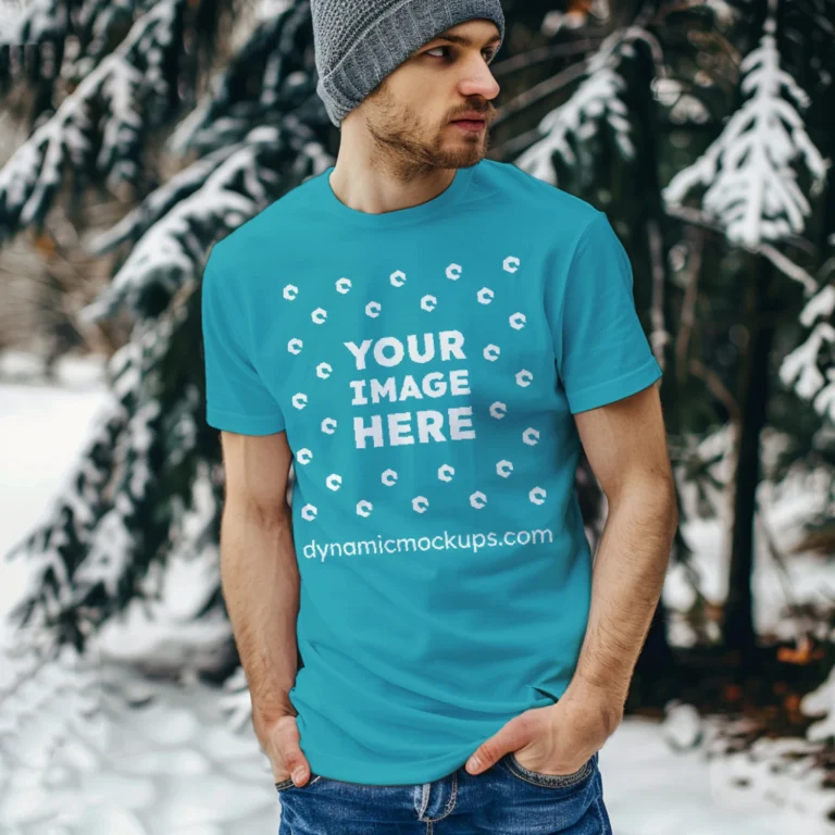 Man Wearing Teal T-shirt Mockup Front View Template