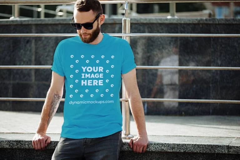 Man Wearing Teal T-shirt Mockup Front View Template