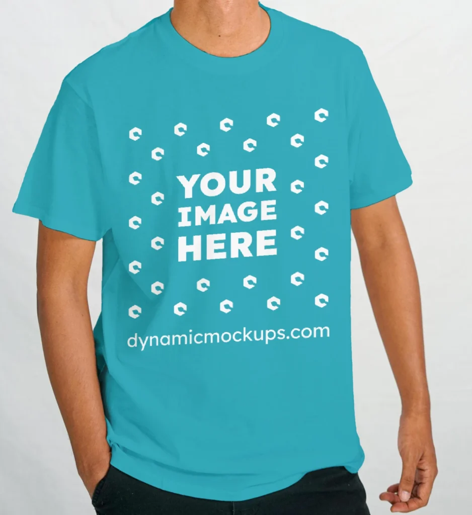 Man Wearing Teal T-shirt Mockup Front View Template