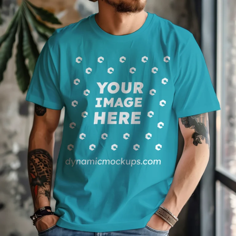 Man Wearing Teal T-shirt Mockup Front View Template