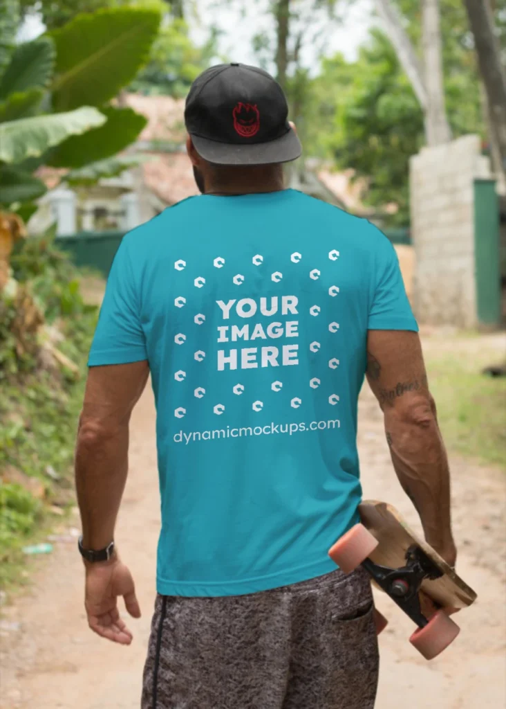 Man Wearing Teal T-shirt Mockup Back View Template