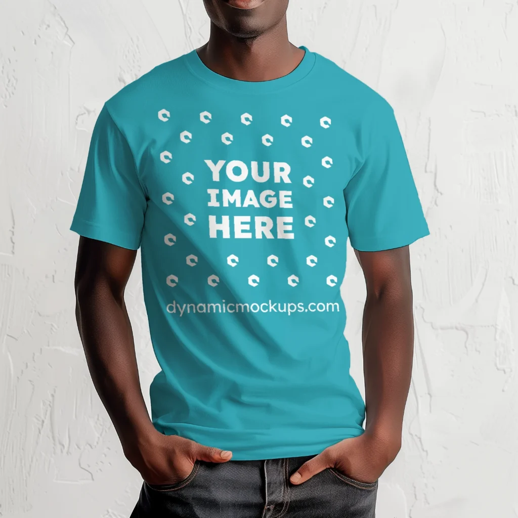 Man Wearing Teal T-shirt Mockup Front View Template