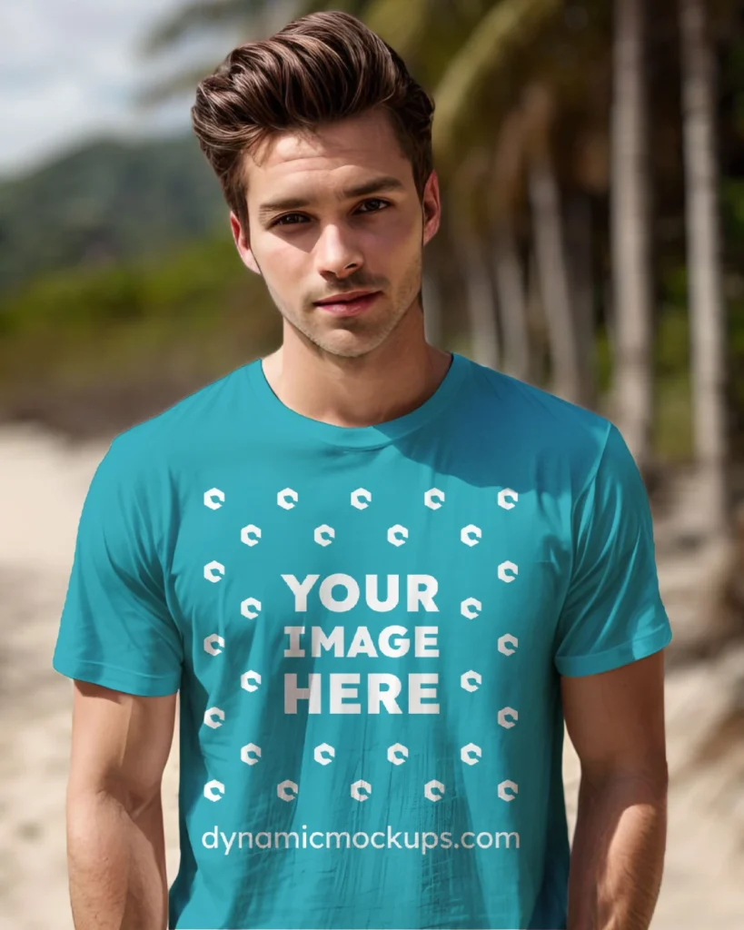 Man Wearing Teal T-shirt Mockup Front View Template