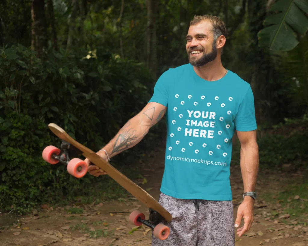 Man Wearing Teal T-shirt Mockup Front View Template