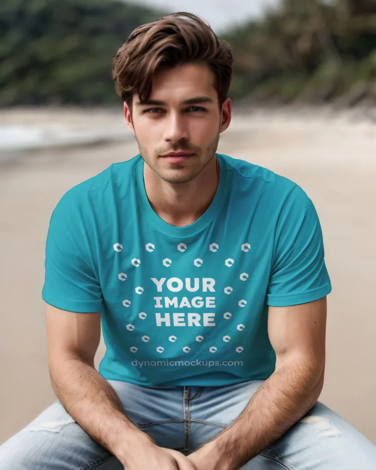 Man Wearing Teal T-shirt Mockup Front View Template