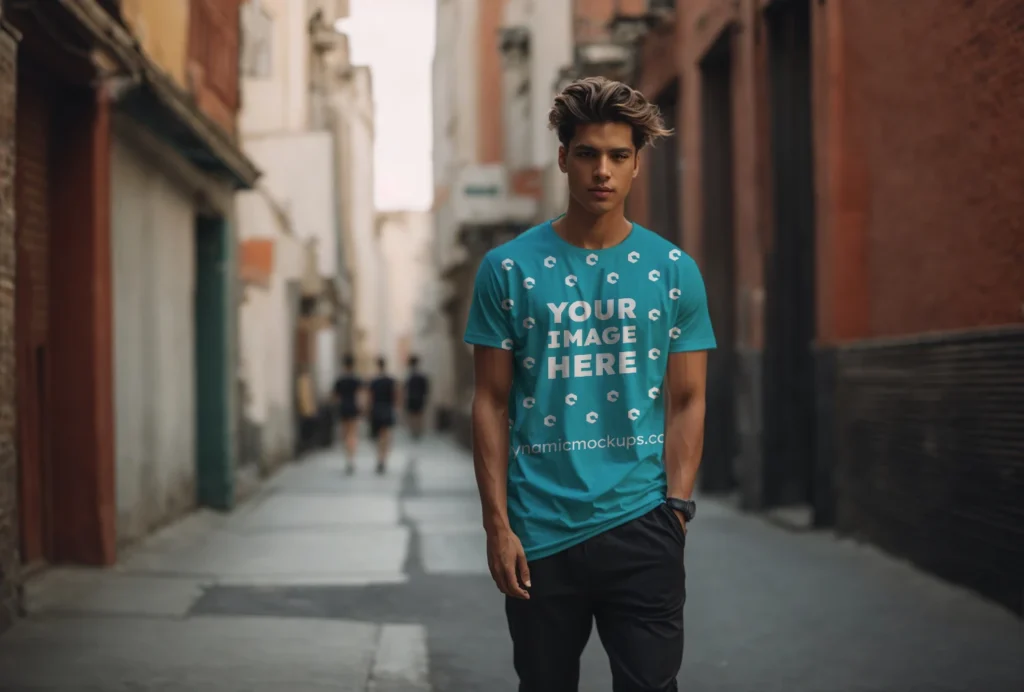 Man Wearing Teal T-shirt Mockup Front View Template