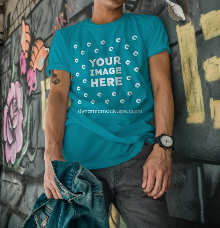 Man Wearing Teal T-shirt Mockup Front View Template