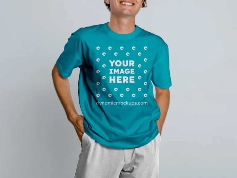 Man Wearing Teal T-shirt Mockup Front View Template