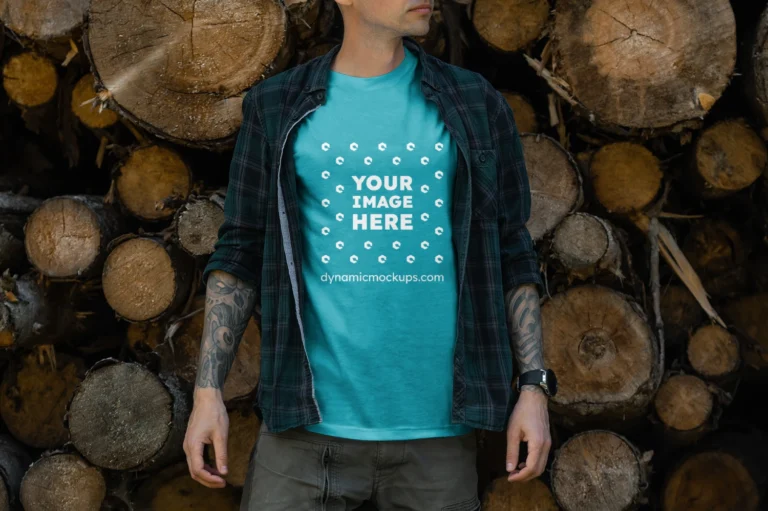 Man Wearing Teal T-shirt Mockup Front View Template