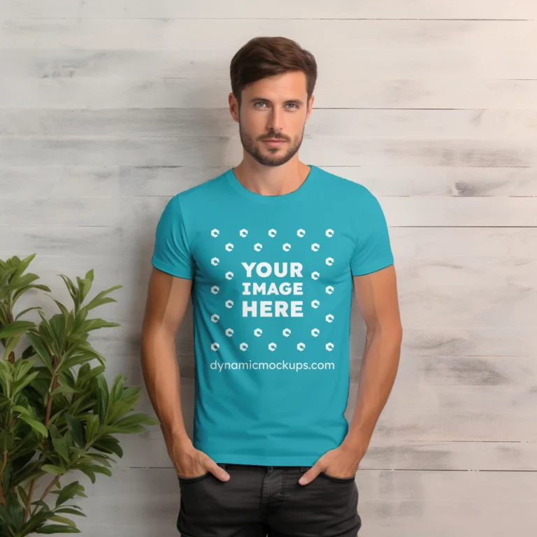 Man Wearing Teal T-shirt Mockup Front View Template