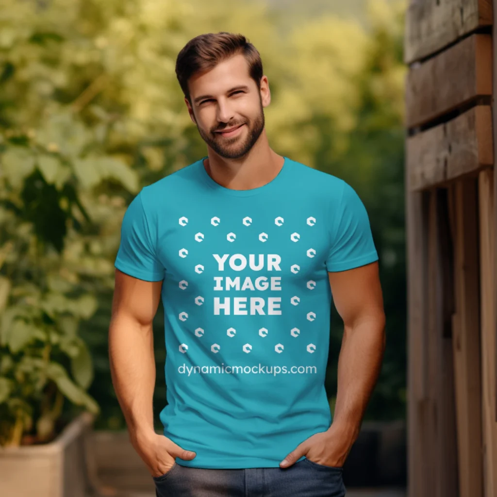 Man Wearing Teal T-shirt Mockup Front View Template