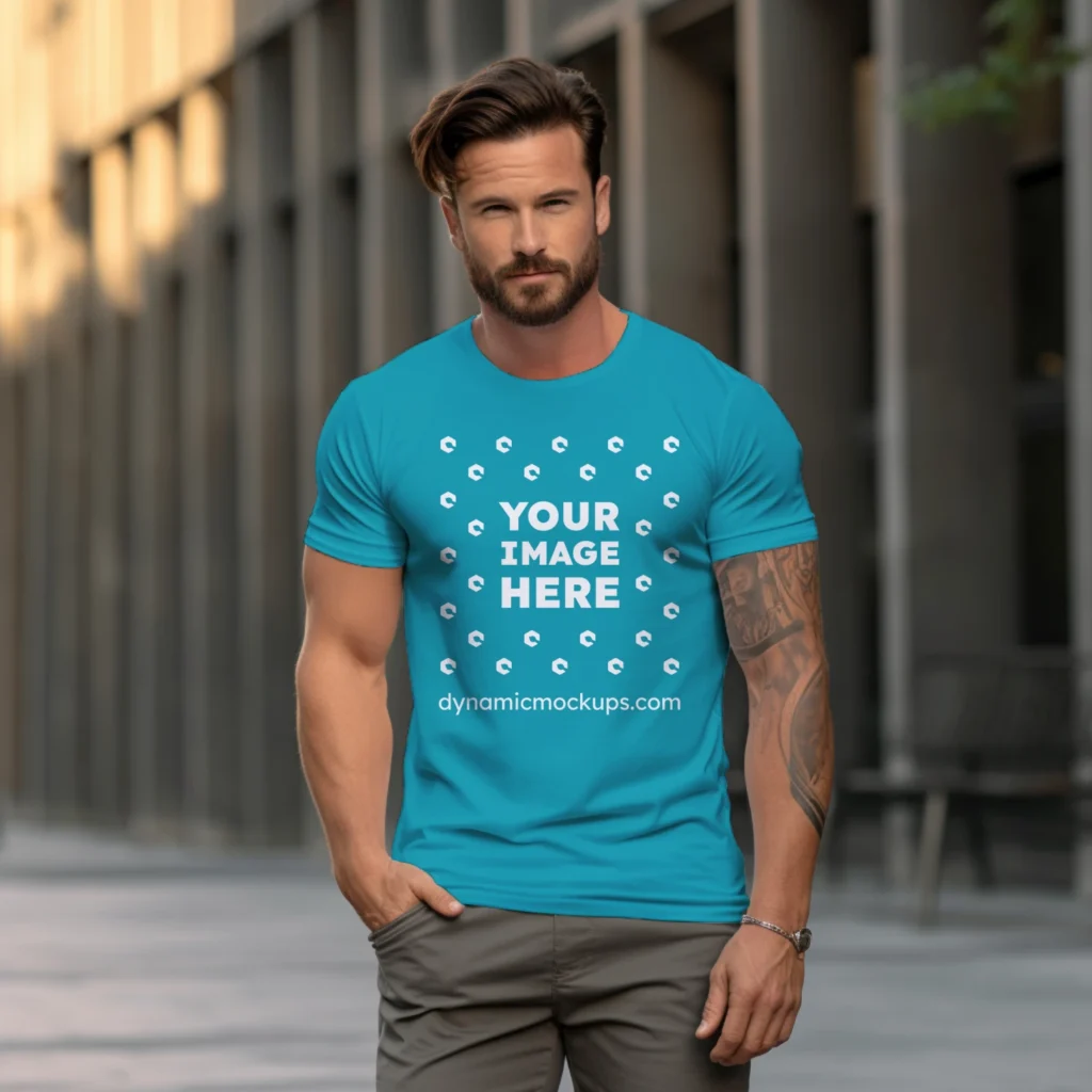 Man Wearing Teal T-shirt Mockup Front View Template