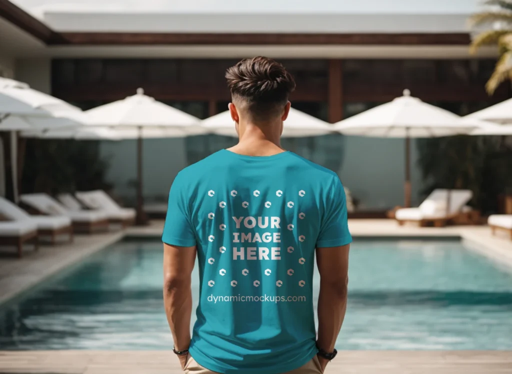 Man Wearing Teal T-shirt Mockup Back View Template