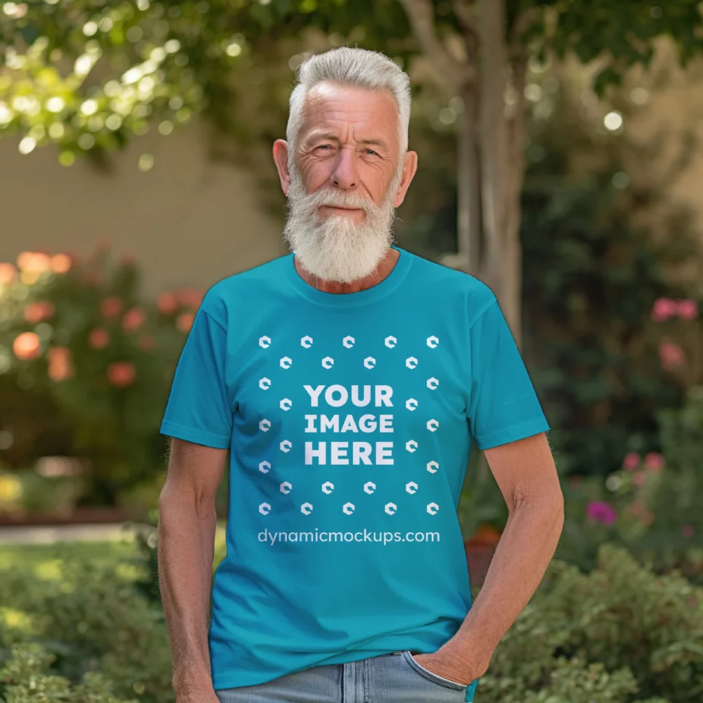 Man Wearing Teal T-shirt Mockup Front View Template