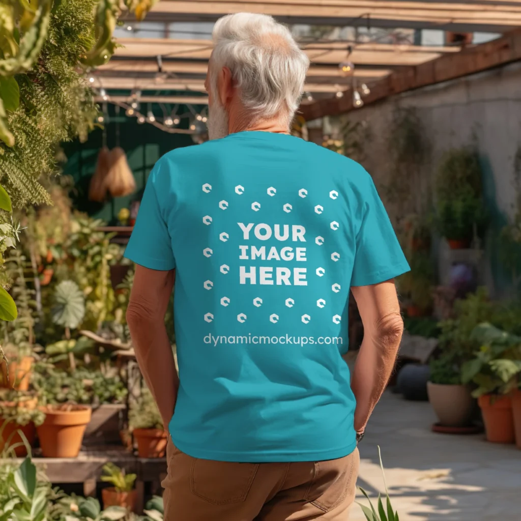 Man Wearing Teal T-shirt Mockup Back View Template