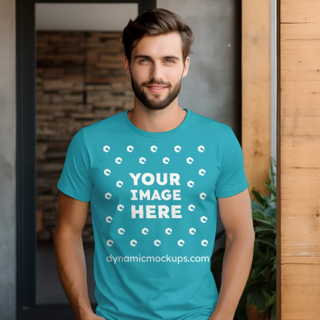 Man Wearing Teal T-shirt Mockup Front View Template