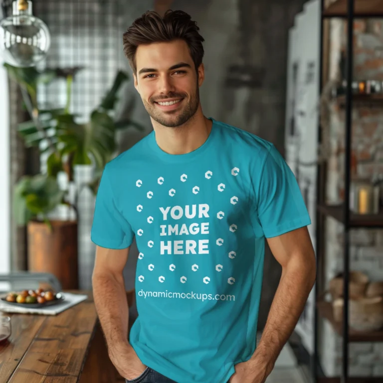 Man Wearing Teal T-shirt Mockup Front View Template