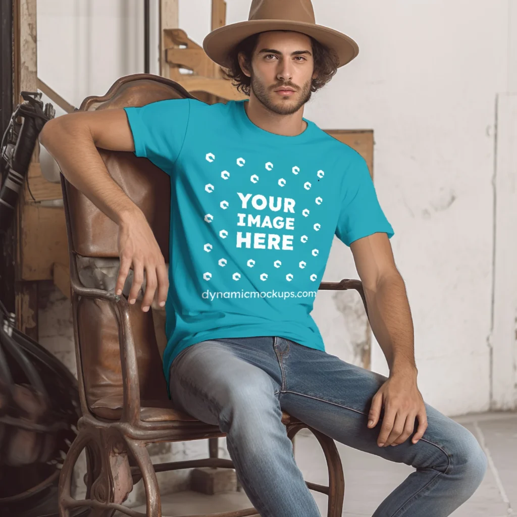 Man Wearing Teal T-shirt Mockup Front View Template