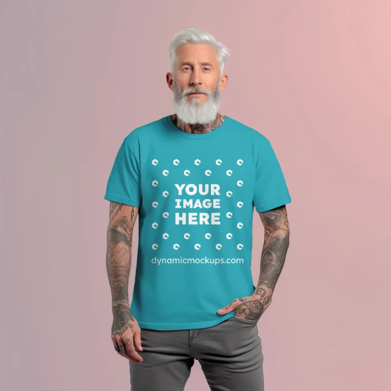 Man Wearing Teal T-shirt Mockup Front View Template