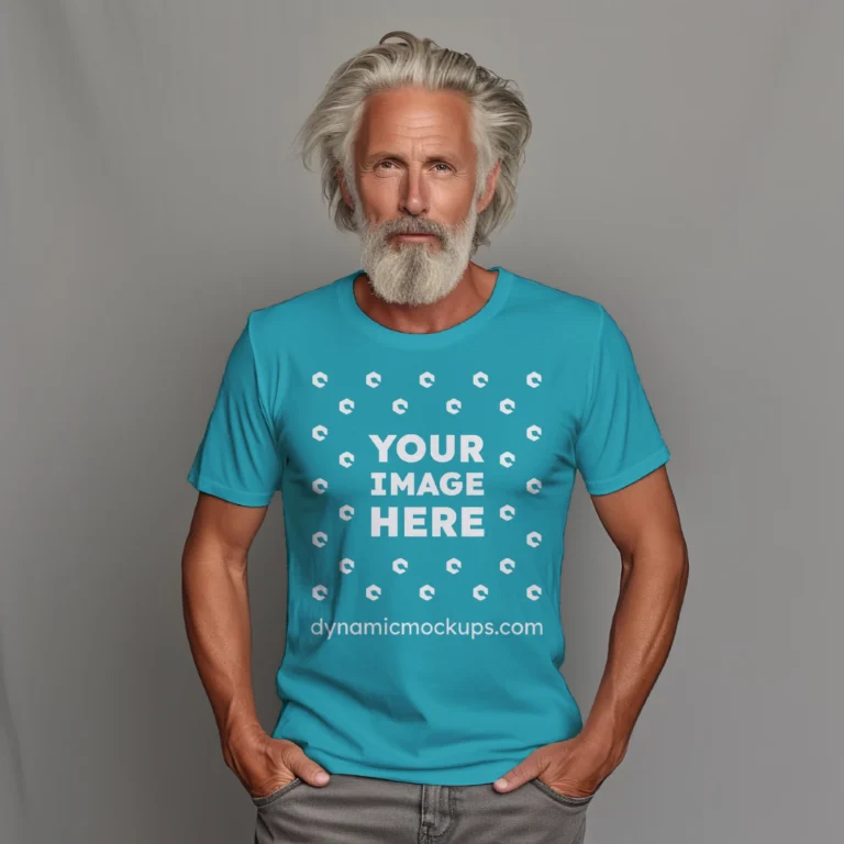 Man Wearing Teal T-shirt Mockup Front View Template