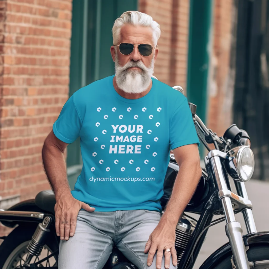 Man Wearing Teal T-shirt Mockup Front View Template