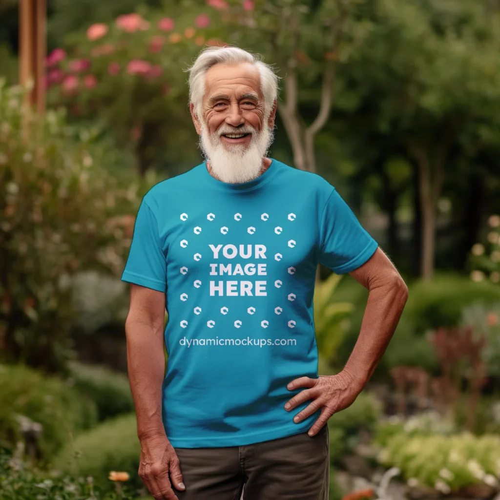 Man Wearing Teal T-shirt Mockup Front View Template