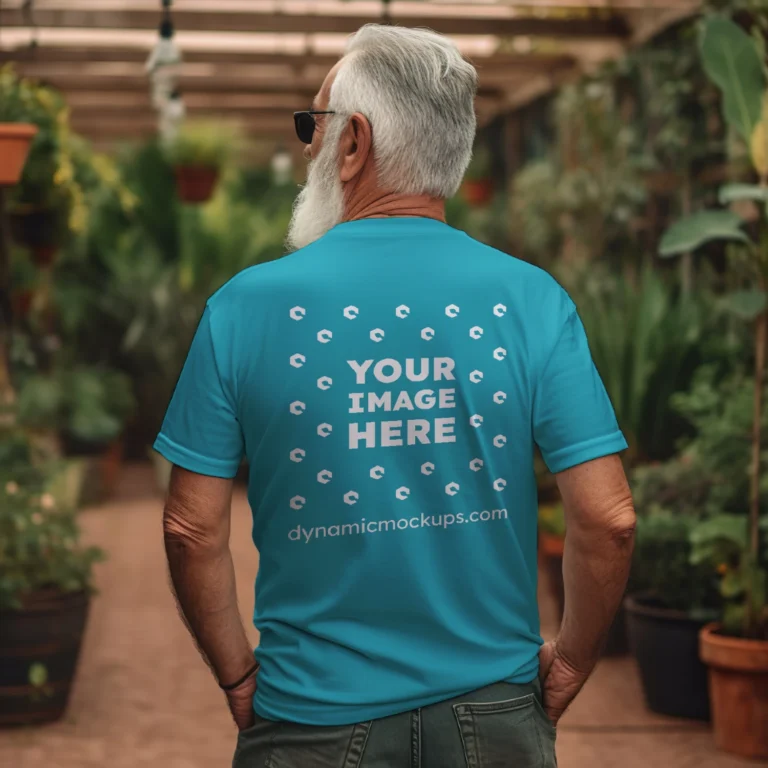 Man Wearing Teal T-shirt Mockup Back View Template